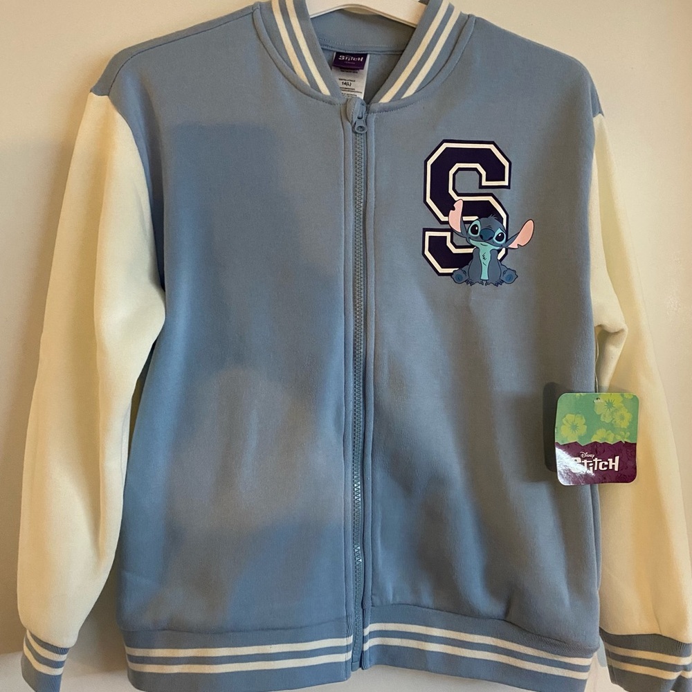 Disney Lilo & Stitch Zip-Up Varsity Bomber Jacket with - Light Blue & Cream Trim